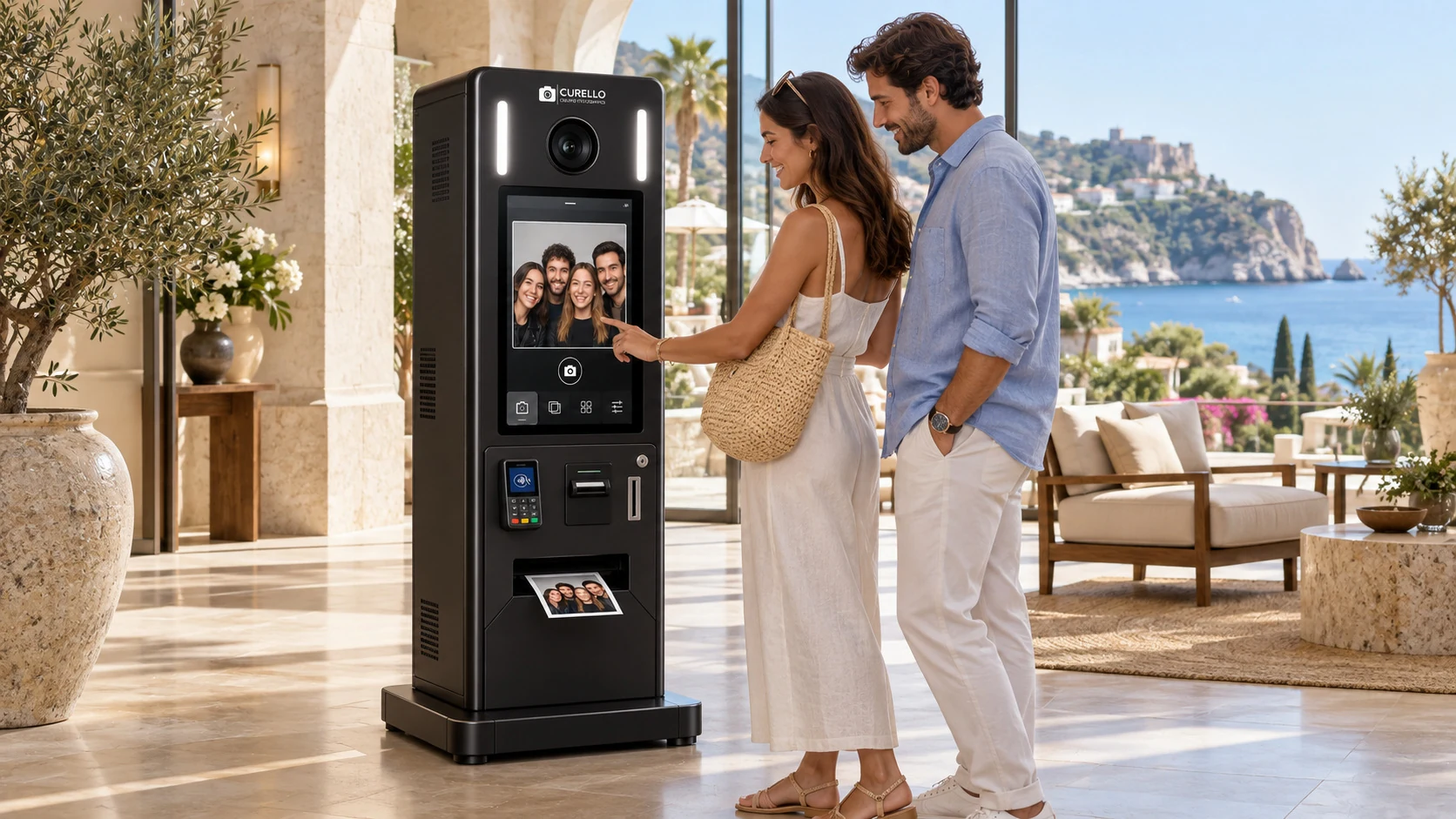 Ambientazione illustrativa di una coppia che utilizza Curello Photo Booth nella lobby di un resort affacciato sul mare
